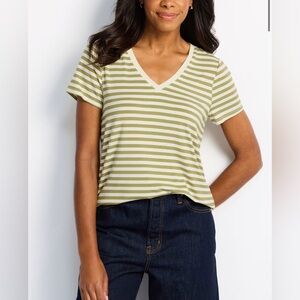 Thread & Supply Olive and White Striped V-Neck Tee
